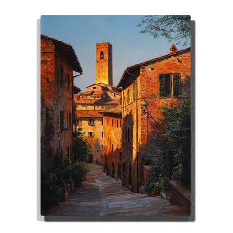 Sunlit old town lane with warm stone buildings, a tall bell tower, and golden evening light, city paint by numbers wall art by PaintEasy