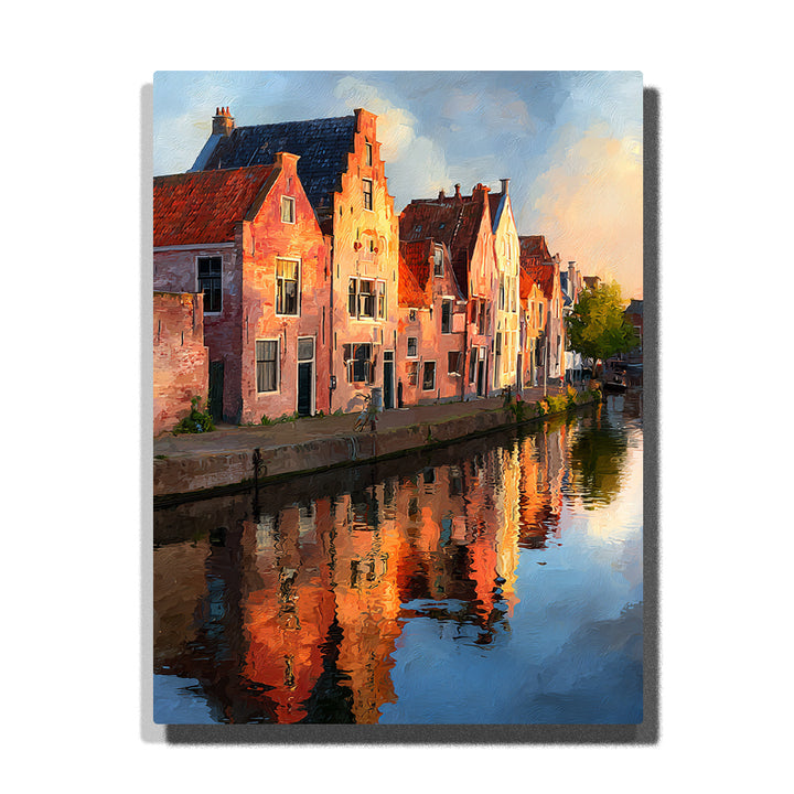 Sunlit canal houses with warm water reflections, historic stepped facades, calm canal, and glowing European city light, city paint by numbers wall art by PaintEasy