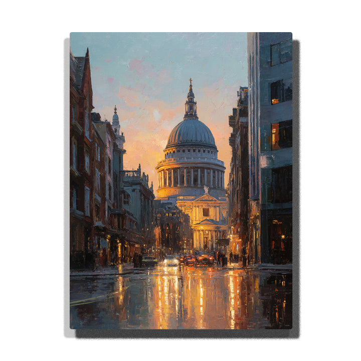 St. Paul’s Cathedral at rainlit city dusk with glowing wet street reflections, evening traffic, and warm light beneath a soft pastel sky, city paint by numbers wall art by PaintEasy