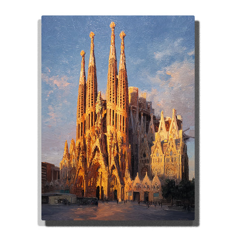 Sunlit basilica with golden spires, ornate stone façade, and soft blue sky, city paint by numbers wall art by PaintEasy