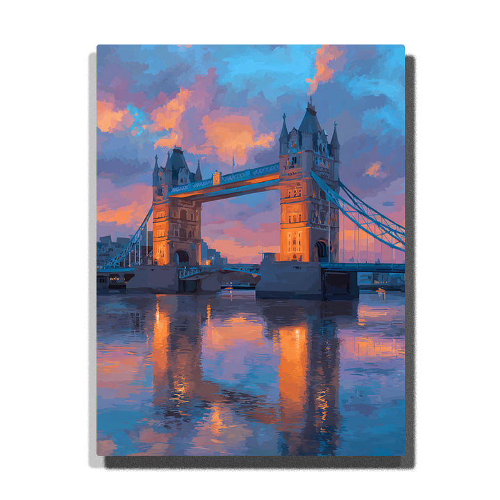 Tower Bridge with golden river reflections beneath pink and blue evening clouds, glowing stone towers, and pastel dusk sky, city paint by numbers wall art by PaintEasy