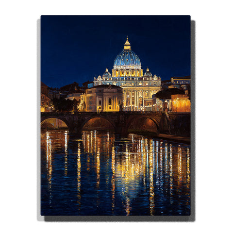 Illuminated basilica dome with glowing night river reflections, stone bridge, and deep blue sky, city paint by numbers wall art by PaintEasy