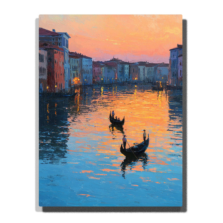 Gondolas on a luminous evening canal with pastel waterfront houses and glowing peach blue reflections, city paint by numbers wall art by PaintEasy