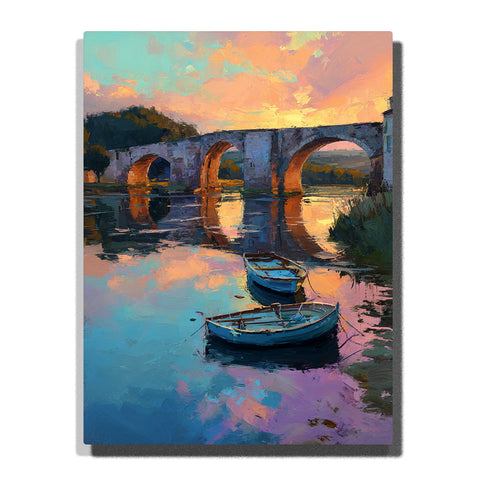 Stone bridge over a quiet river with two moored boats, glowing sunset reflections, and soft pastel water, city paint by numbers wall art by PaintEasy