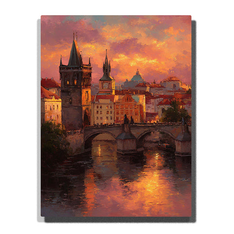 Sunset bridge and old city towers with golden river reflections, warm historic buildings, and glowing evening sky, city paint by numbers wall art by PaintEasy