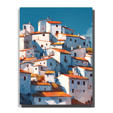 White hillside houses with terracotta roofs, stacked village architecture, and a clear blue sky, city paint by numbers wall art by PaintEasy