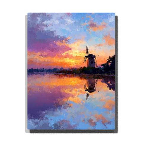 Riverside windmill beneath a violet gold sunset sky with mirrored water reflections and glowing evening city atmosphere, city paint by numbers wall art by PaintEasy