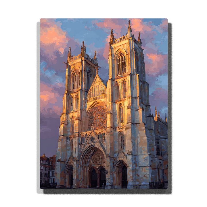 Sunlit Gothic cathedral beneath rose evening clouds with twin towers, carved stone facade, and glowing architectural details, city paint by numbers wall art by PaintEasy