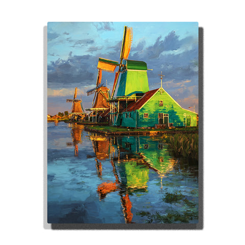 Green riverside windmill house with mirror-like canal reflections, Dutch windmills, blue-gray sky, and colorful waterfront city detail, city paint by numbers wall art by PaintEasy
