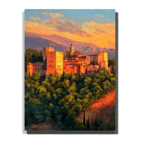 Sunlit hilltop fortress with towers, cypress trees, dense green woodland, and golden mountains at sunset, city paint by numbers wall art by PaintEasy