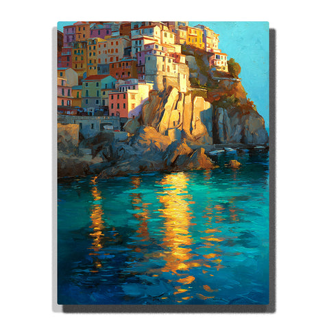 Sunlit cliffside town above shimmering blue harbor water with stacked seaside buildings, rocky coast, and golden reflections, city paint by numbers wall art by PaintEasy