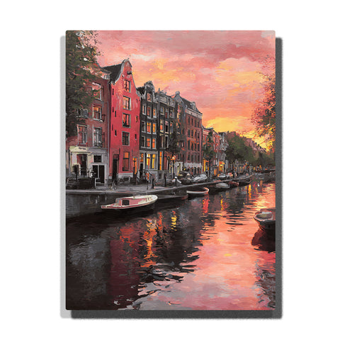 Pink canal houses beneath a glowing sunset sky with moored boats, warm water reflections, and a romantic European city atmosphere, city paint by numbers wall art by PaintEasy
