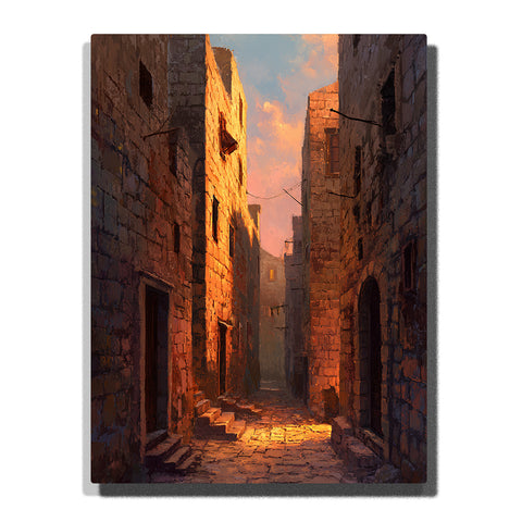 Sunlit stone alley with warm evening glow, narrow old town buildings, arched doorways, and textured cobbled path, city paint by numbers wall art by PaintEasy