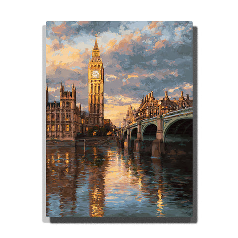 Big Ben beside Westminster Bridge with sunset river reflections, glowing London architecture, dramatic clouds, and warm evening light, city paint by numbers wall art by PaintEasy