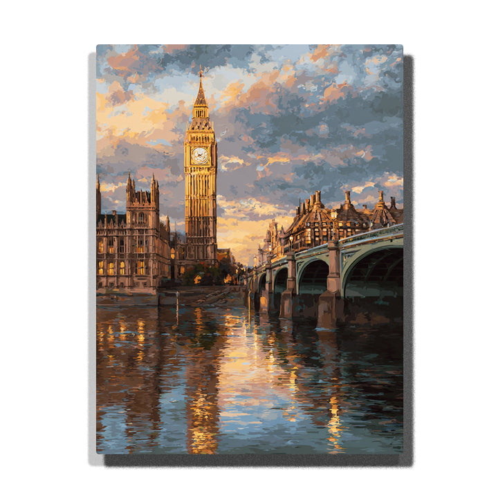 Big Ben beside Westminster Bridge with sunset river reflections, glowing London architecture, dramatic clouds, and warm evening light, city paint by numbers wall art by PaintEasy