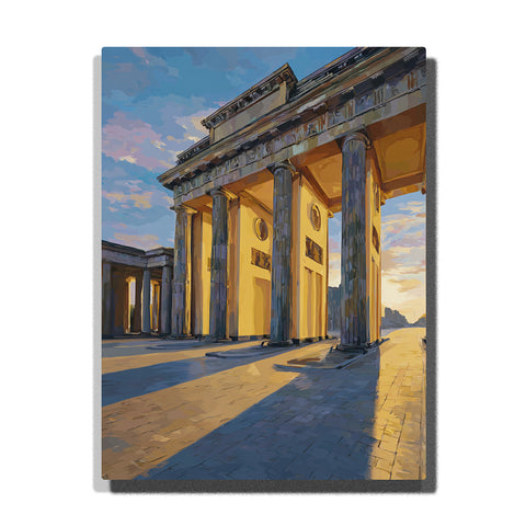 Sunlit neoclassical colonnade with long evening shadows, towering stone columns, and glowing classical city architecture, city paint by numbers wall art by PaintEasy