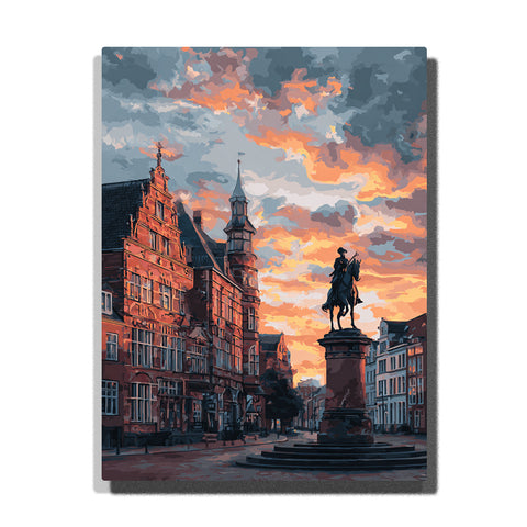Equestrian statue before historic red-brick facades at sunset with dramatic clouds, old-European square, and warm city light, city paint by numbers wall art by PaintEasy