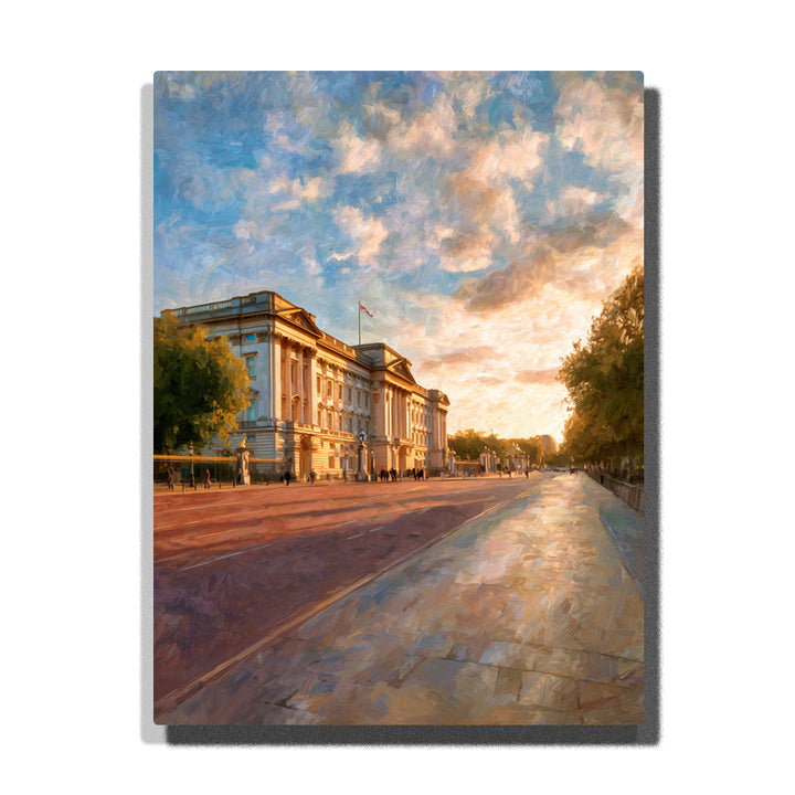 Buckingham Palace along a sunlit royal avenue with expansive pavement, luminous clouds, and warm neoclassical architecture, city paint by numbers wall art by PaintEasy