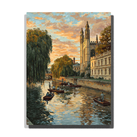 Cambridge riverside boats beside a Gothic college at sunset with willow trees, reflective water, and historic stone buildings, city paint by numbers wall art by PaintEasy