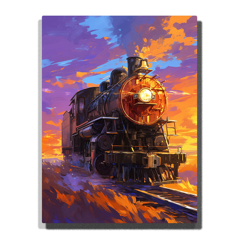 Vintage steam train with bright headlight on railway tracks beneath a golden violet sky, city paint by numbers wall art by PaintEasy