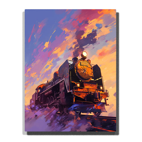 Steam locomotive with glowing headlamp and dark metal body beneath a peach violet sky, city paint by numbers wall art by PaintEasy