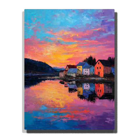 Colorful riverside houses with dark roofs reflected in still water beneath a vivid pink, gold, and blue sunset sky in this PaintEasy Paint by Numbers artwork.