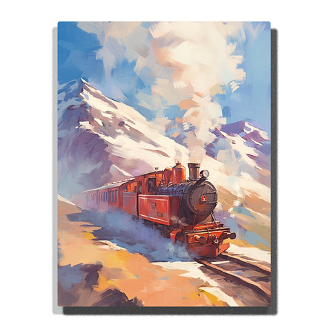 Red mountain train with steam passing through a snowy alpine landscape beneath a pale blue sky, city paint by numbers wall art by PaintEasy