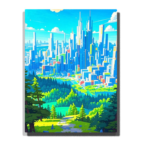 paint by numbers artwork depicting futuristic city skyline above green forest with bright blue tones, landscape city decor for adults wall art by PaintEasy