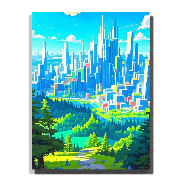 paint by numbers artwork depicting futuristic city skyline above green forest with bright blue tones, landscape city decor for adults wall art by PaintEasy