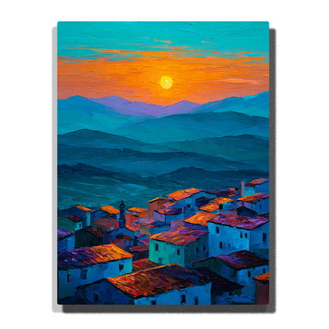 A mountain village with white buildings and warm orange rooftops beneath a bright sunset sky and layered blue mountain ranges in this PaintEasy Paint by Numbers artwork.
