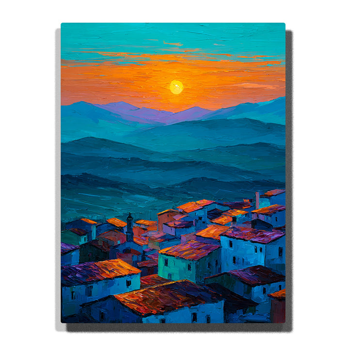 A mountain village with white buildings and warm orange rooftops beneath a bright sunset sky and layered blue mountain ranges in this PaintEasy Paint by Numbers artwork.
