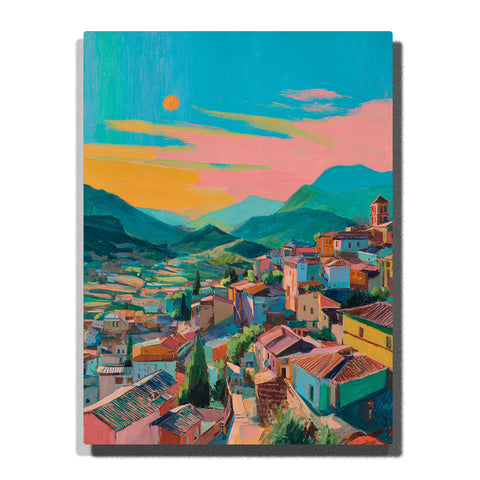 Colorful hillside village with pastel houses, terracotta roofs, winding streets, blue green mountains, and a turquoise pink sky, city paint by numbers wall art by PaintEasy.