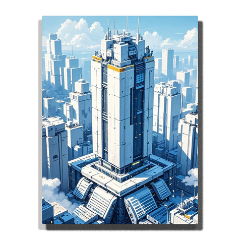 paint by numbers artwork depicting futuristic central tower surrounded by city skyline in cool blue tones, modern architectural wall art for adults by PaintEasy