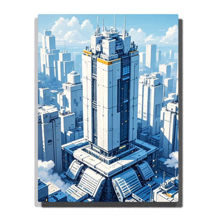 paint by numbers artwork depicting futuristic central tower surrounded by city skyline in cool blue tones, modern architectural wall art for adults by PaintEasy