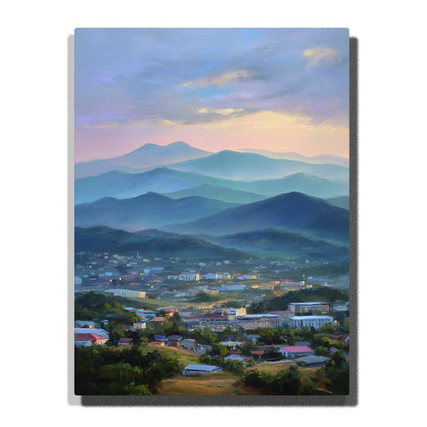 Layered blue mountains above a quiet valley town with glowing lights and a pastel dusk sky, landscape paint by numbers wall art by PaintEasy
