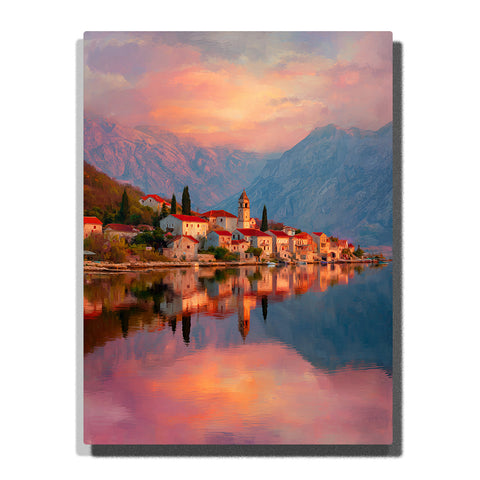 Lakeside village with warm houses, bell tower, mountain backdrop, and glowing pink orange reflections on calm water, city paint by numbers wall art by PaintEasy
