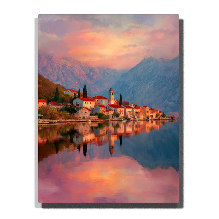 Lakeside village with warm houses, bell tower, mountain backdrop, and glowing pink orange reflections on calm water, city paint by numbers wall art by PaintEasy