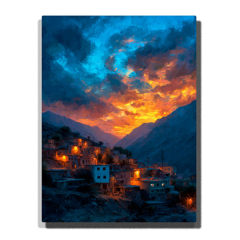 Hillside village with glowing lights beneath a fiery orange sunset and deep blue storm clouds between dark mountains, city paint by numbers wall art by PaintEasy