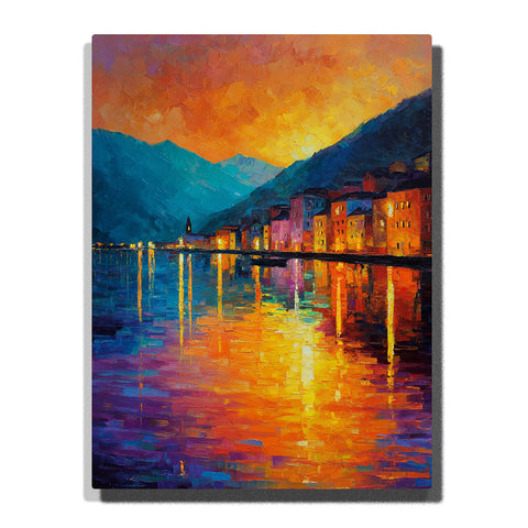 Waterfront town with glowing houses, blue mountains, and golden orange reflections across calm water, city paint by numbers wall art by PaintEasy