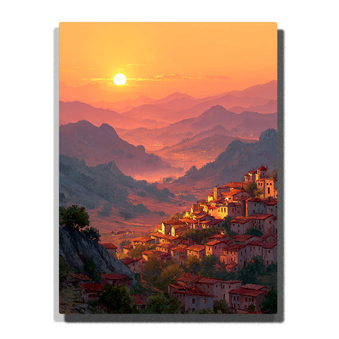 Sunlit hillside village with warm terracotta houses overlooking a peach orange mountain valley at sunset, city paint by numbers wall art by PaintEasy
