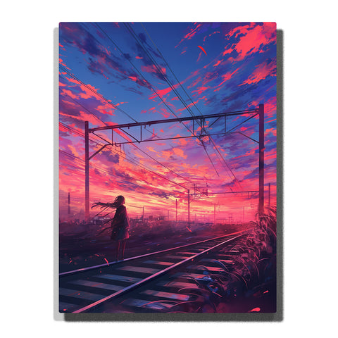 Solitary figure beside railway tracks beneath a pink and blue sunset sky with overhead power lines, city paint by numbers wall art by PaintEasy