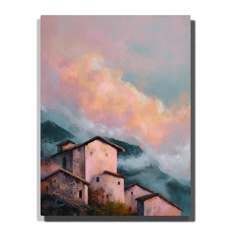 Misty hillside houses with pale walls, dark roofs, mountain fog, and a soft peach blue sky, city paint by numbers wall art by PaintEasy