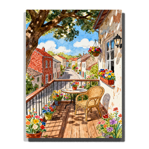 paint by numbers artwork depicting sunlit balcony with wicker chair, flowers and village street view under blue sky, wall decor for adults by PaintEasy