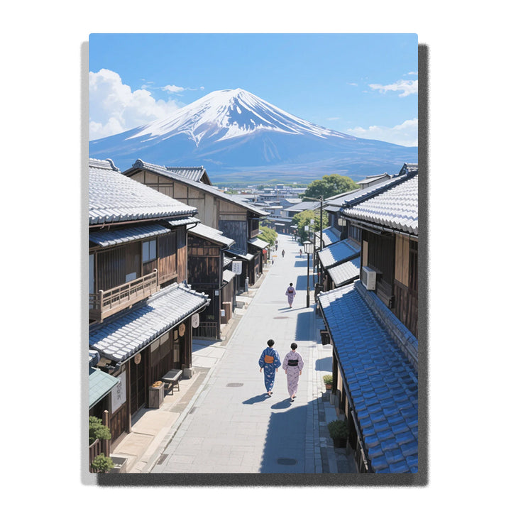 paint by numbers artwork depicting quiet Japanese street with traditional houses, people in kimono and Mount Fuji under clear blue sky, city wall decor for adults by PaintEasy