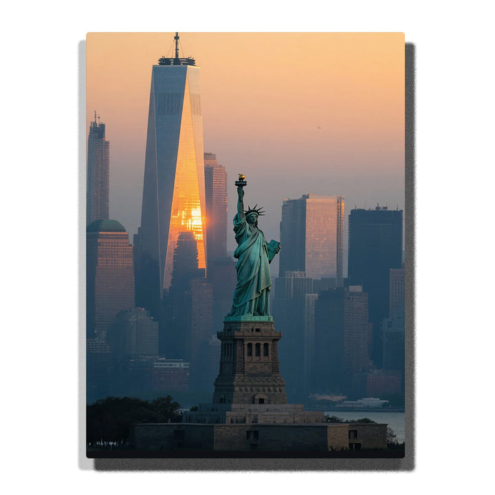 paint by numbers artwork depicting Statue of Liberty with hazy New York skyline and warm sunset reflection on skyscraper, city wall decor for adults by PaintEasy