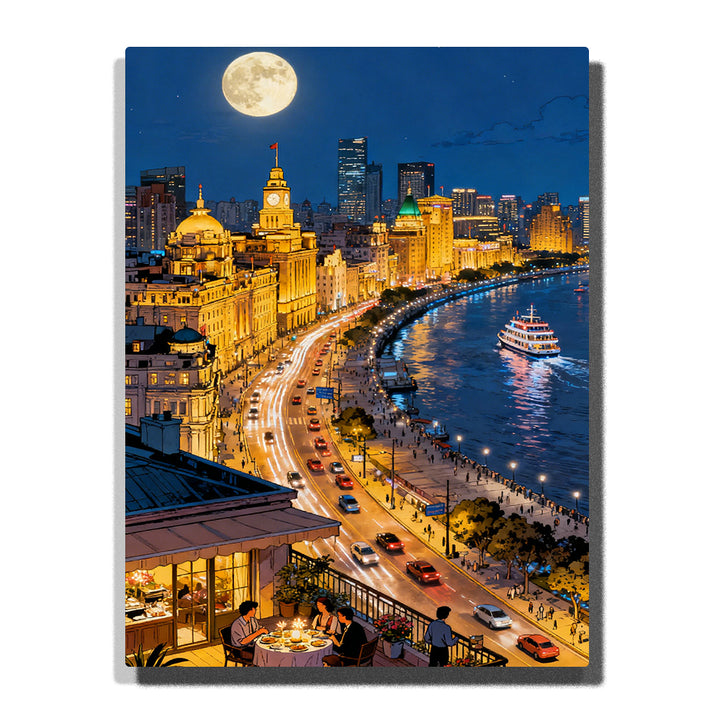 paint by numbers artwork depicting moonlit coastal skyline with curving harbor road, golden city lights, waterfront reflections and full moon, city wall decor for adults by PaintEasy
