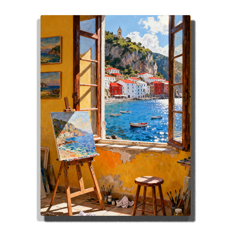 paint by numbers artwork depicting seaside harbor view through open studio window with easel, blue water and colorful coastal houses, wall decor for adults by PaintEasy