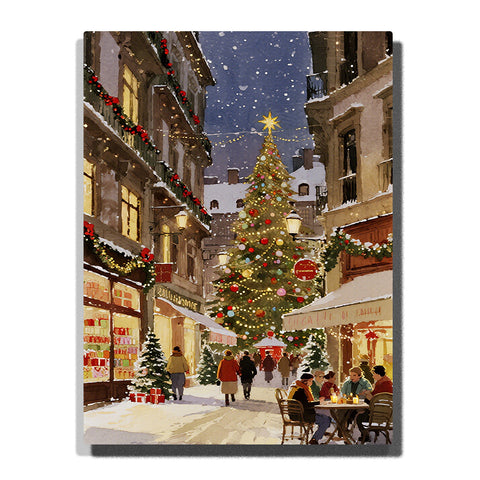 paint by numbers artwork depicting Christmas market street with glowing tree, warm shop lights, evening snow and festive city atmosphere, holiday wall decor for adults by PaintEasy