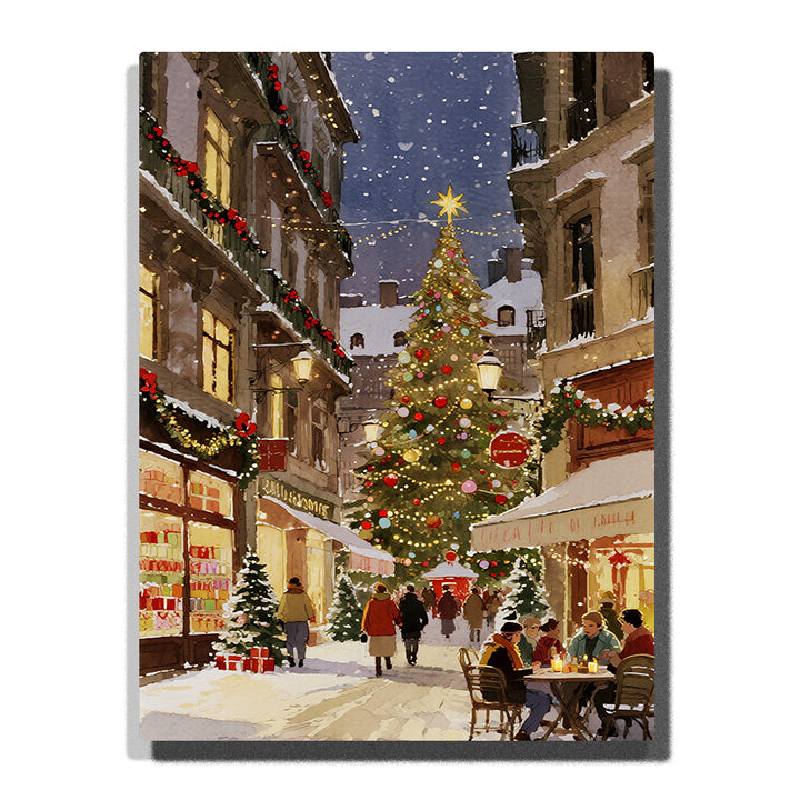 paint by numbers artwork depicting Christmas market street with glowing tree, warm shop lights, evening snow and festive city atmosphere, holiday wall decor for adults by PaintEasy