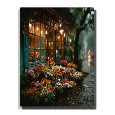 Rainy flower shop front with glowing windows, colorful flower buckets, wet sidewalk, and warm evening lights, city paint by numbers wall art by PaintEasy